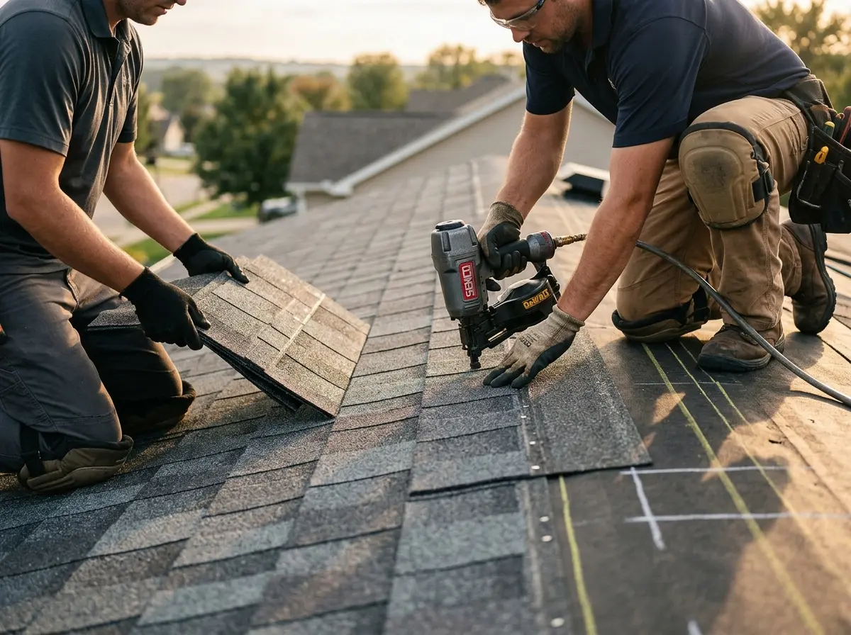 Professional roofer working on a residential roof in Fort Mitchell